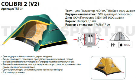 ПАЛАТКА 2-местная Colibri 2 (V2) (зеленый) "Tramp" TRT-34